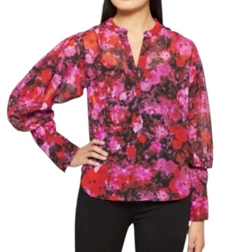 Steve Madden Pink/Red Floral Rose Printed V-Neck Long-Sleeve Blouse Size Small